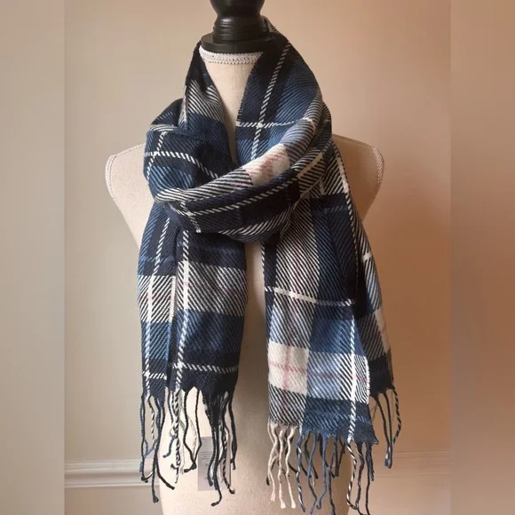 NWT - Lands' End Wool Blend Navy Pink and Cream Plaid Scarf - Picture 1 of 7